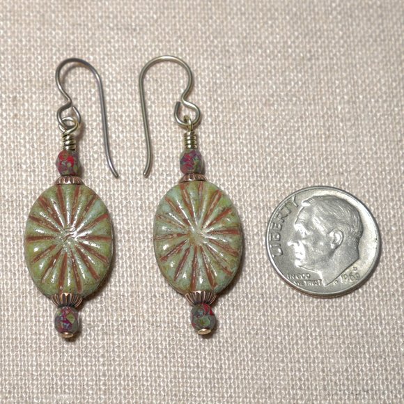 Hand Crafted Handmade Earrings Olive & Rust Oval Czech Beaded Earrings - Picture 3 of 5
